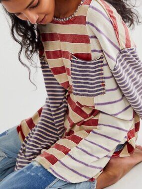 NWT Free People We The Free Stripey Prep Tee Patriotic Coastal Oversized Small
